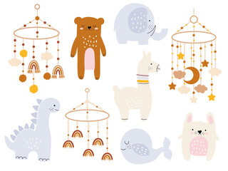 Vector hand drawn collection for nursery decoration and baby shower. Baby clothes, rainbows, toys, animals, branches, fruit