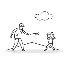 Baseball game icon. father throwing ball to small boy with baseball beat. Linear concept pictogram of parenting and summer outdoor kids entertainment activities. Editable stroke vector illustration