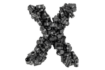 Letter X from black oil barrels, 3D rendering