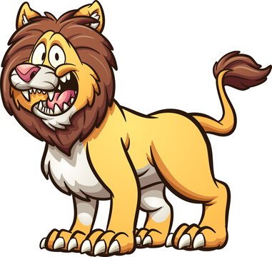 Happy cartoon male lion with big smile standing on four legs. Vector clip art illustration with simple gradients. All on a single layer.
