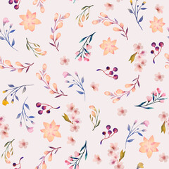 Seamless watercolor flower pattern. Delicate botanical design. Light pink background