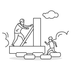 Family activity icon. Father and son climbing self built obstacle course. Concept linear pictogram for backyard family sport activity and summer vacation sports. Editable stroke vector illustration