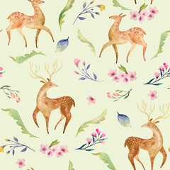 Watercolor seamless pattern with flowers, deer, leaves on a gently green background. Ideal for children's room