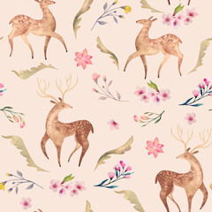 Watercolor seamless pattern with flowers, deer, leaves on a gently pink background. Ideal for children's room