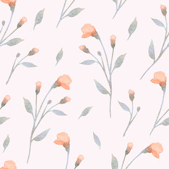 Watercolor seamless pattern with pink flowers on the gentle pastel background.