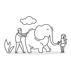 petting zoo icon. Linear pictograms of dad and daughter playing with elephant. Concept of outdoor family fun activity and kids weekend entertainment. Editable stroke vector illustration