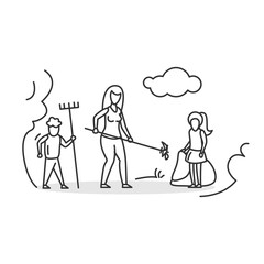 Gardening icon. Mother and kids tiding front lawn or volunteering in park. Family vacation summer and spring outdoor activities concept linear pictogram. Editable stroke vector illustration