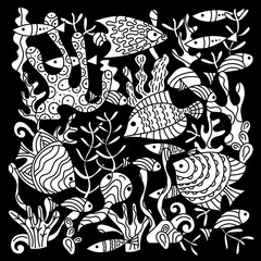 Underwater life. Cartoon hand-drawn doodles on a white background. Monochrome vector pattern, posters, postcards. Fish and seaweed