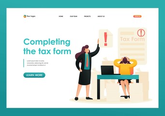 Stressful situation, Completing the tax form, deadline for filing tax returns. Flat 2D character. Landing page concepts and web design