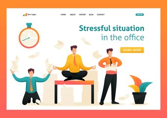 Employees in a panic, stress at work, solve problems, meditate. Flat 2D character. Landing page concepts and web design
