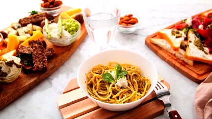 A photo of an appetizing meal on a white table