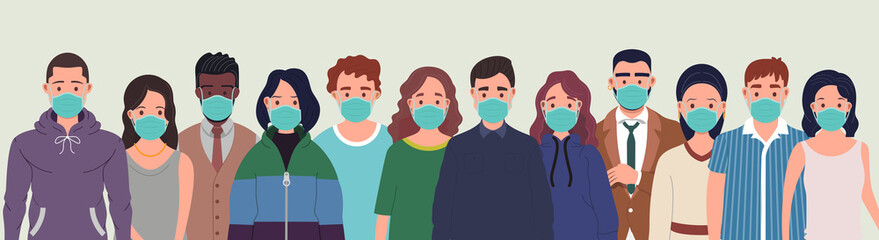 Group of people wearing protective medical masks for protection from virus. Prevention and safety procedures concept. Flat style vector illustration 