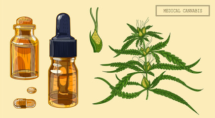 Medical cannabis marijuana branch and vials, hand drawn illustration in a retro style