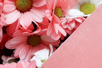 postcard mockup. floral background. bouquet of flowers and an envelope with place for text. bouquet of daisies