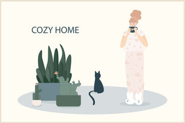 Cozy home theme handmade illustration.Simple room interior for use in design for home  decorative prints, flower shop decor, wallpaper, bag or t-shirt print, art workshop  etc.