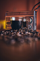 Black Coffee, Coffee beans and stylish vintage portable radio