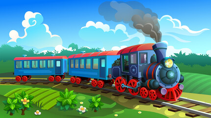  Blue train with railway carriages on nature background. Vector graphic.  © Vladislav K