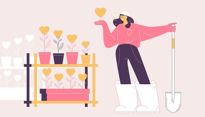 Vector concept scene with woman who grows her likes and rises social media popularity. Outline character with shovel and hearts in pots