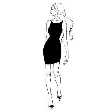 smiling walking girl in a little black dress sketch graphic illustration 