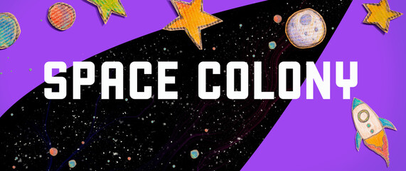 Space Colony theme with space background with a rocket, moon, stars and planets