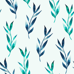 Watercolor seamless pattern with branches, leaves on pastel green background.