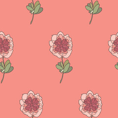 One seamless floral pattern with often repeating blooms of different colors (pink & green) on a dark pink background