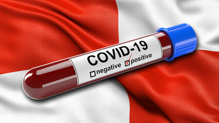 Obraz premium Flag of Potosi waving in the wind with a positive Covid-19 blood test tube. 3D illustration concept for blood testing for diagnosis of the new Corona virus.
