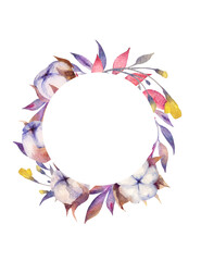 Cotton. Watercolor illustration of a botanical wreath. The round frame is perfect for weddings, invitations, advertisements.