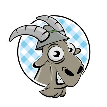 funny cartoon logo of a happy goat with hat in a badge