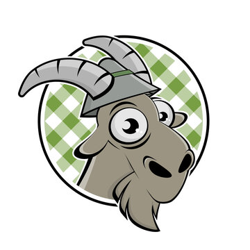 funny cartoon logo of a goat with hat in a badge