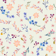 Fototapeta premium Seamless watercolor flower pattern. Delicate botanical design. Light green background