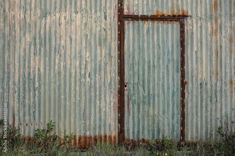 Canvas Prints Old rusty zinc plate wall with a door