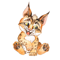 Watercolor illustration of a cute little lynx, forest dweller, forest animal