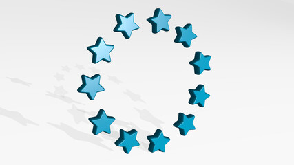 STARS on the wall. 3D illustration of metallic sculpture over a white background with mild texture. abstract and blue
