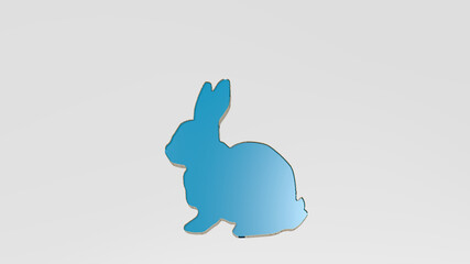 RABBIT from a perspective on the wall. A thick sculpture made of metallic materials of 3D rendering. illustration and bunny