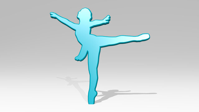 DANCER on the wall. 3D illustration of metallic sculpture over a white background with mild texture. dancing and beautiful