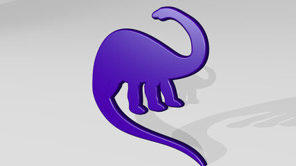 dinosaur made by 3D illustration of a shiny metallic sculpture on a wall with light background. animal and cartoon