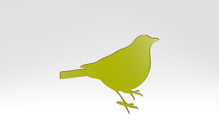 BIRD from a perspective on the wall. A thick sculpture made of metallic materials of 3D rendering. illustration and background