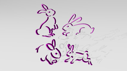 RABBITS on the wall. 3D illustration of metallic sculpture over a white background with mild texture. cute and easter