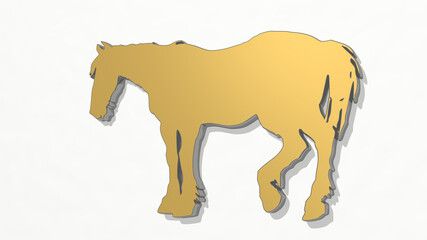 horse made by 3D illustration of a shiny metallic sculpture on a wall with light background. animal and beautiful