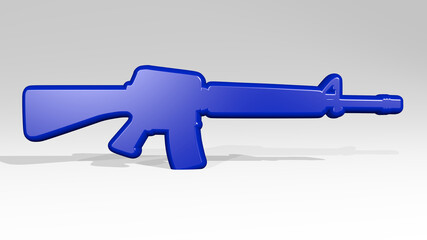 GUN from a perspective on the wall. A thick sculpture made of metallic materials of 3D rendering. illustration and background