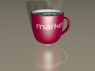 coffee mug representing MARKET in 3D illustration on a mirroring floor. business and background