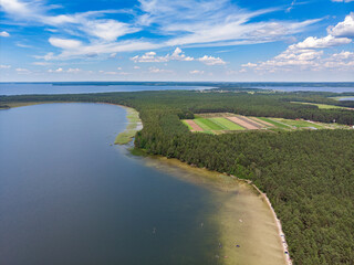 Fototapeta na wymiar The view of lakes Naroch and Beloe. Drone aerial panorama 180°
