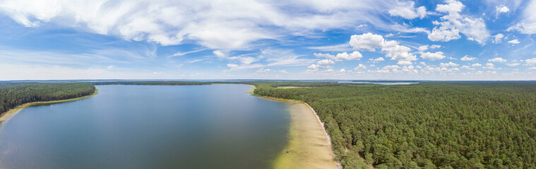 Fototapeta na wymiar Panorama of lakes Naroch and Beloe. Drone aerial panorama 180°
