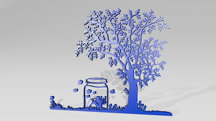 fairy in a jar under a tree from a perspective on the wall. A thick sculpture made of metallic materials of 3D rendering. illustration and background