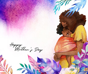 Watercolor illustration. African mother with baby on the background of tropical leaves