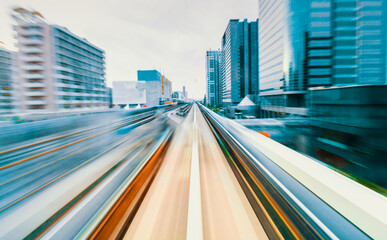 Abstract high speed technology POV train motion blurred concept from the Yuikamome monorail in...