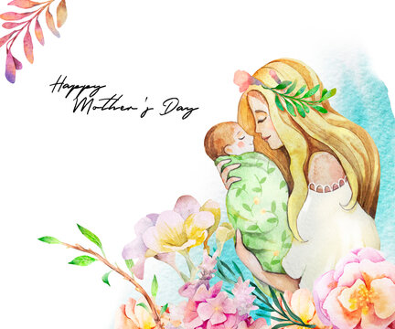 Watercolor illustration. Mother holding a baby on the background of watercolor stains and flowers