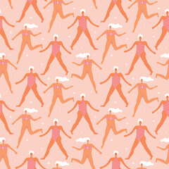 Seamless pattern with two women wearing swimwear. Body positive female character. Owerweight characters.