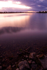 Colorful sunset by the Odra River, Poland.